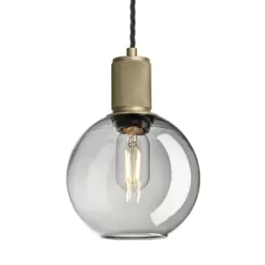 Industville Knurled Tinted Glass Globe Pendant Light in Smoke Grey with Brass Holder / Large