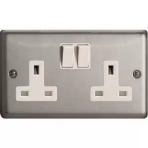 Varilight Classic 2 Gang Twin Switched Socket with White Insert (Double XC5B) - Brushed Steel - DOU-XS5W