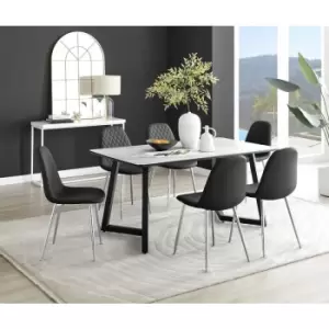 Furniturebox UK - Furniturebox Carson White Marble Effect Rectangular 160cm Dining Table & 6 Black Corona Faux Leather Dining Chairs with Silver Legs