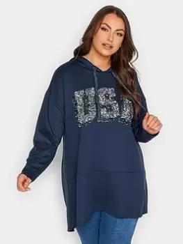 Yours Slogan Longline Hoodie, Blue, Size 20, Women