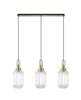 Linear 3 Light Pendant E27 With 20cm Tubular Ribbed Glass, Clear Brass Gold, Matt Black