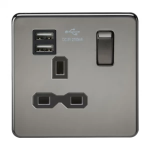 KnightsBridge 1G 13A Screwless Black Nickel 1G Switched Socket with Dual 5V USB Charger Ports - White Insert