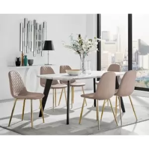 Furniturebox UK - Andria Black Leg Marble Effect Dining Table and 6 Cappuccino Corona Faux Leather Dining Chairs with Gold Legs Diamond Stitch