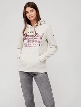 Superdry Vintage Logo Foil Hoodie - Stone, Beige, Size 16, Women