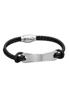 Woven Black Leather & Stainless Steel Id Bar Bracelet