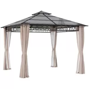 Outsunny 3 x 3 (m) Outdoor Polycarbonate Gazebo, Double Roof Hard Top Gazebo with Galvanized Steel Frame, Nettings & Curtains