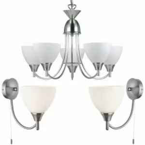 5 Lamp Ceiling & 2x Wall Light Pack Satin Chrome Glass Matching Indoor Fittings