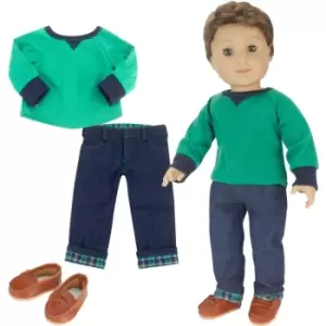 Teamson Kids - Sophia's - 18 Doll - Shirt, Flannel Cuffed Jeans & Brown Penny Loafers - Green