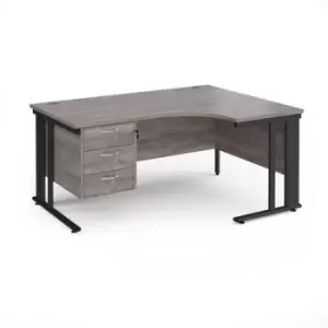 Maestro 25 right hand ergonomic desk 1600mm wide with 3 drawer pedestal - Black cable managed leg frame and grey oak top