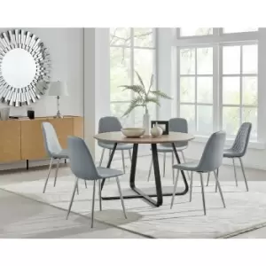 Santorini Brown Round Dining Table And 6 Grey Corona Faux Leather Dining Chairs with Silver Legs Diamond Stitch - Elephant Grey