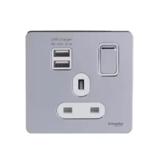 Schneider USFP 1G Switched Socket Single Pole 2x USB 2.1 White Insert Polished Chrome - GGBGU34102USBAWPC