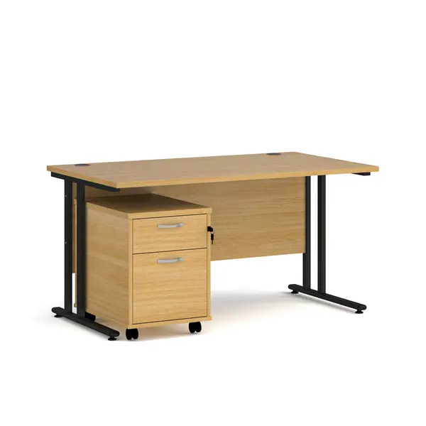 Maestro 25 Straight Desk with Black Cantilever Frame and 2 Drawer Pedestal - Oak - 1400mm x 800mm