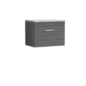 Nuie Athena 600 Wall Hung Single Drawer Vanity & Bellato Grey Worktop - Grey Woodgrain