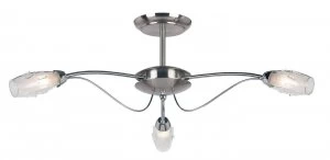 3 Light Semi Flush Multi Arm Ceiling Light Satin Chrome, Clear Glass with Acid Inner, G9