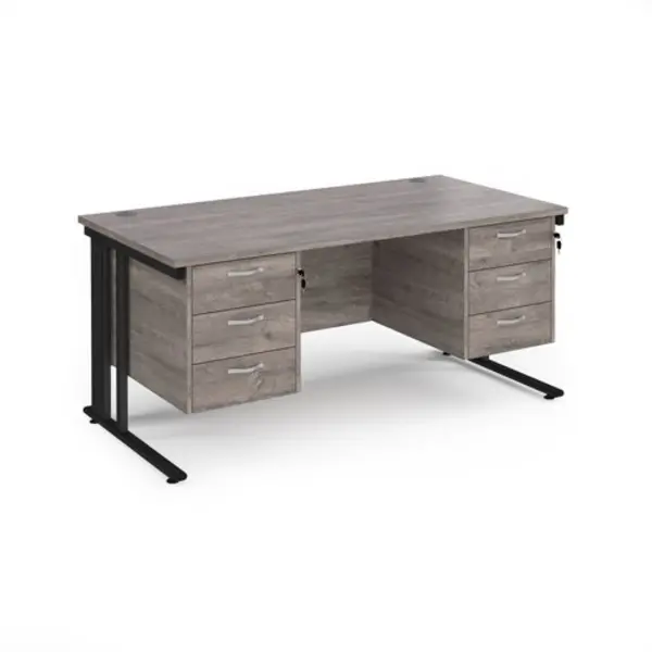 Maestro 25 straight desk 1600mm x 800mm with two x 3 drawer pedestals - Black cable managed leg frame, grey oak top