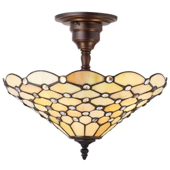 Interiors Pearl - 3 Light Medium Semi Flush Ceiling Light Bronze, Tiffany glass, E27