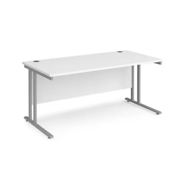 Office Desk 1600mm Rectangular Desk With Cantilever Leg White Tops With Silver Frames 800mm Depth Maestro 25