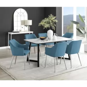 Furniturebox Carson White Marble Effect Rectangular 160cm Dining Table & 6 Blue Calla Silver Leg Velvet Chairs