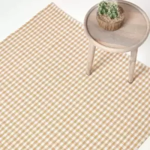 Cotton Gingham Check Rug Hand Woven Beige White, 60 x 90cm - Natural - Homescapes