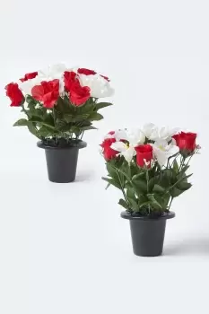 Set of 2 Red & White Roses & Lilies Artificial Flowers in Grave Vases