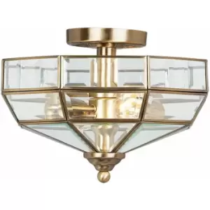 Loops - 2 Bulb Semi Flush Light BevelLED Clear Glass Panels Antique Brass LED E27 60W