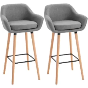 Homcom - 2 PCs Upholstered Bucket Seat Bar Stools w/ Solid Wood Legs Grey - Grey