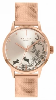 Radley Womens Rose Gold Mesh Bracelet Silver Floral Dial Watch