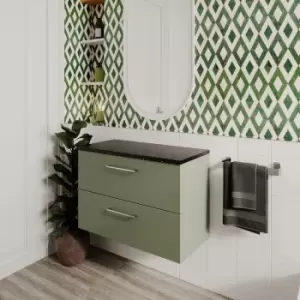 Arno Wall Hung 2-Drawer Vanity Unit with Sparkling Black Worktop 800mm Wide - Satin Reed Green - Nuie