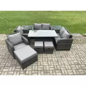 Fimous 6 Seater Outdoor Dark Grey Rattan Lounge Complete Sofa Set with Height Adjustable Dining Table, Side Tables, 2 Stools and Big Footstool