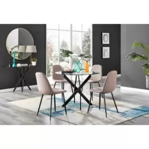 Furniture Box Novara Black Leg Round Glass Dining Table and 4 Cappuccino Corona Black Leg Chairs