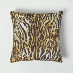 Tiger Print Velvet Cushion 46 x 46cm - Gold, Black - Homescapes