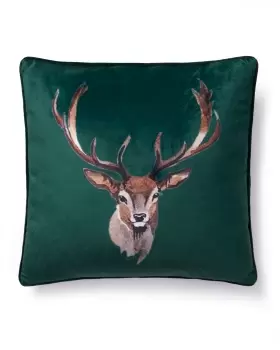 Cotton Traders Stag Velvet Cushion in Green