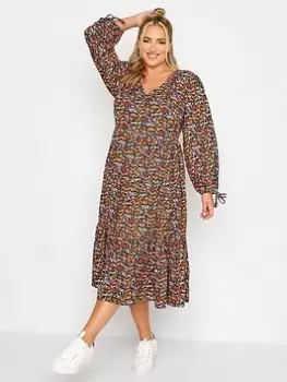 Yours Tiered Tie Sleeve Dress Trans Floral, Black, Size 26-28, Women