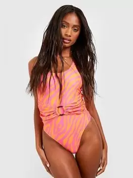 Boohoo Zebra Scoop Neck Swimsuit - Pink, Size 12, Women