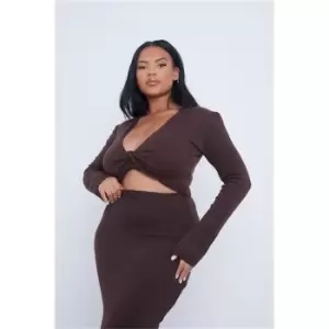 I Saw It First Chocolate Plus Size Knot Front Flared Sleeve Knitted Crop Top - Brown