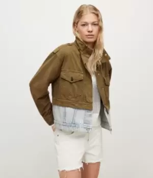 AllSaints Womens Cadie Linen Blend Military Jacket, Khaki Green, Size: 16