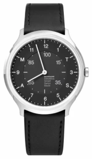 Mondaine Helvetica Smart 40mm Black Dial Black Leather Strap Watch