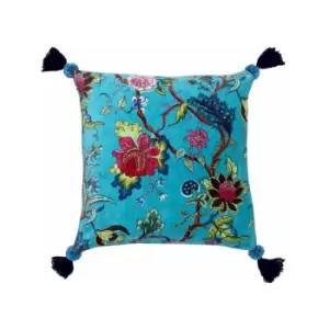 Riva Paoletti Tree Of Life Faux Velvet Tasselled Cushion Cover, Kingfisher, 50 x 50 Cm