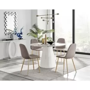 Furniturebox Palma White Marble Effect 120cm Round Minimalist Dining Table & 4 Cappuccino Corona Faux Leather Dining Chairs with Gold Legs Diamond