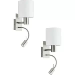 2 PACK Wall Light Colour Satin Nickel Shade White Fabric E27 LED 1x40W 1x3.5W