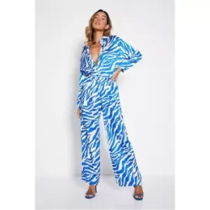 I Saw It First Satin Zebra Print Wide Leg Trousers - Blue