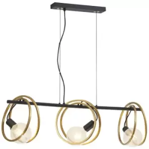 Luminosa Wales Double Ring Linear Ceiling Pendant, 3 Light E27, Matt Black, Painted Gold