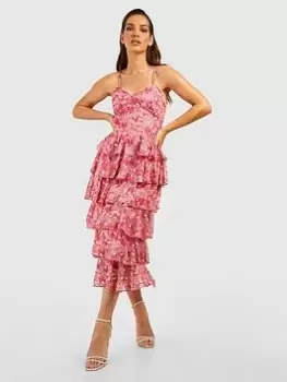 Boohoo Chiffon Floral Strappy Midi Dress - Pink, Size 8, Women