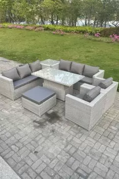 Fimous 8 Seater Outdoor Light Grey Rattan Lounge Complete Sofa Set with Adjustable Table, Side Table and Big Footstool