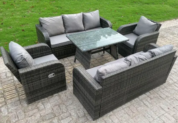 Fimous 8 Seater Outdoor Dark Grey Rattan Lounge Complete Sofa Set with Dining Table, Reclining Arm Chairs, and Lounge Sofa