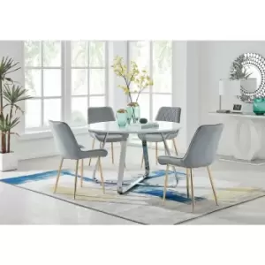 Santorini White Round Dining Table And 4 Grey Pesaro Gold Leg Chairs - Elephant Grey