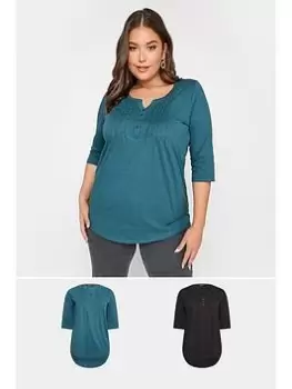 Yours Yours Pintuck Henley 2 Pack - Black & Teal, Black, Size 34-36, Women