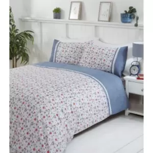 Penelope Floral Daisy Lace Trim Blue Double Duvet Cover Set Bedding Bed Set - Blue - Rapport