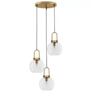 Merano - Kansas 3 Light Cluster Pendant Ceiling Light Clear Glass Black Cord Brass Gold Metal LED E27