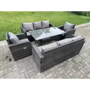 Fimous 8 Seater Outdoor Dark Grey Rattan Lounge Complete Sofa Set with Reclining Chair and Rectangular Dining Table